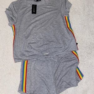 grey and rainbow striped PJ set